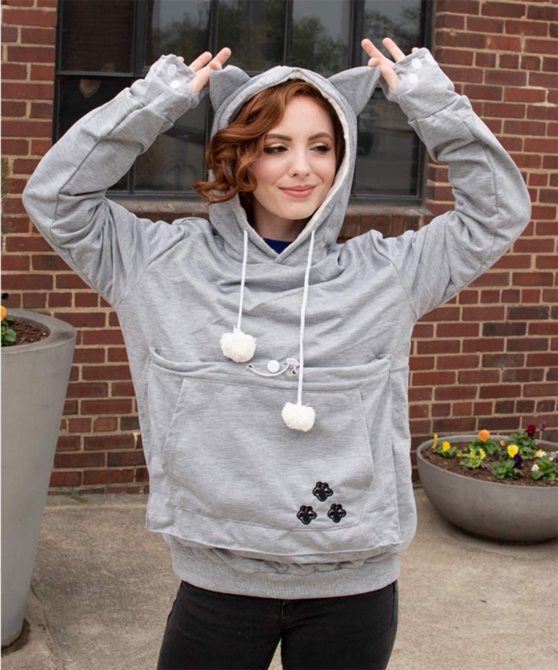 ALYC Unisex Hoodies Pet Holder Cat Dog Large Pouch Carriers Pullover with Cat Printing Sweatshirt (Light Grey- Classic Version, S) - Image 2